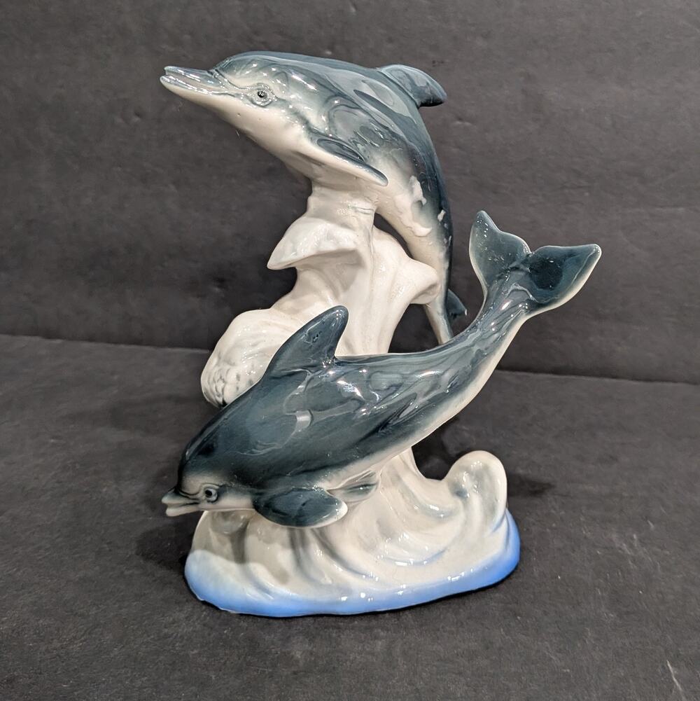 Vintage Ceramic Leaping Dolphins Figurine Pair Ocean Waves Coastal Beach Decor